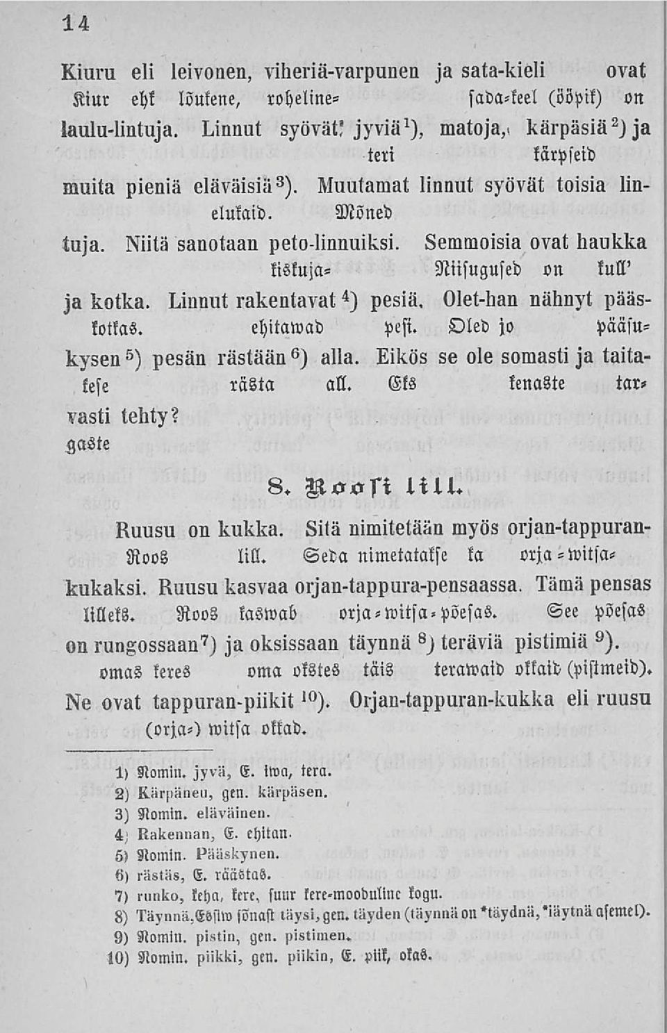 Semmoisia ovat haukka kiskuja- Niisugused on kull' ja kotka. Linnut rakentavat 4 ) pesiä, Olet-han nähnyt pääskottas. ehitawad pesi. Oled jo pääsukysen 5 ) pesän rästään 6 ) alla.