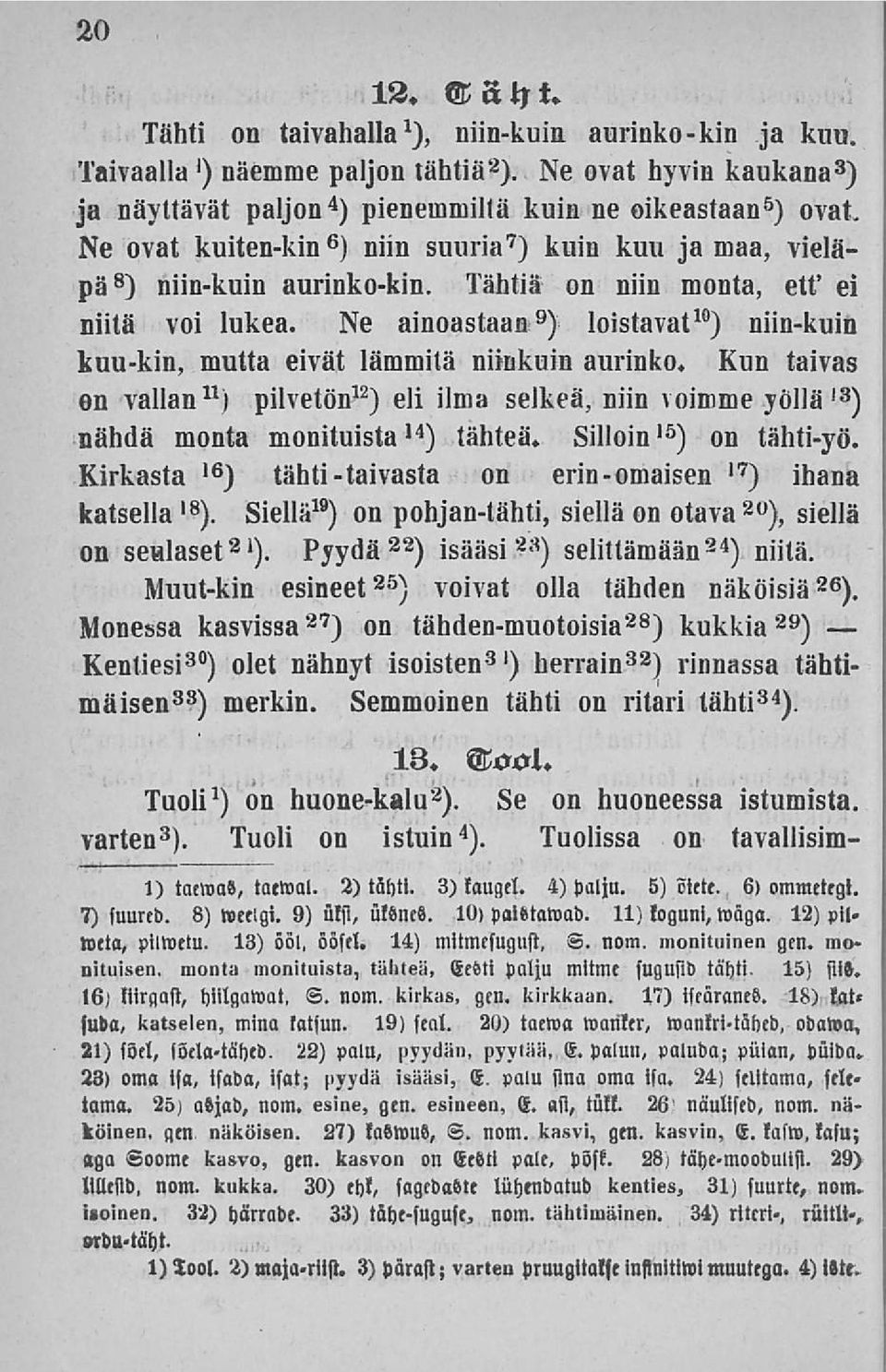 Tähtiä on niin monta, ett' ei niitä voi lukea. Ne ainoastaan 9 ) loistavat 10 ) niin-kuin kuu-kin, mutta eivät lämmitä niinkuin aurinko.