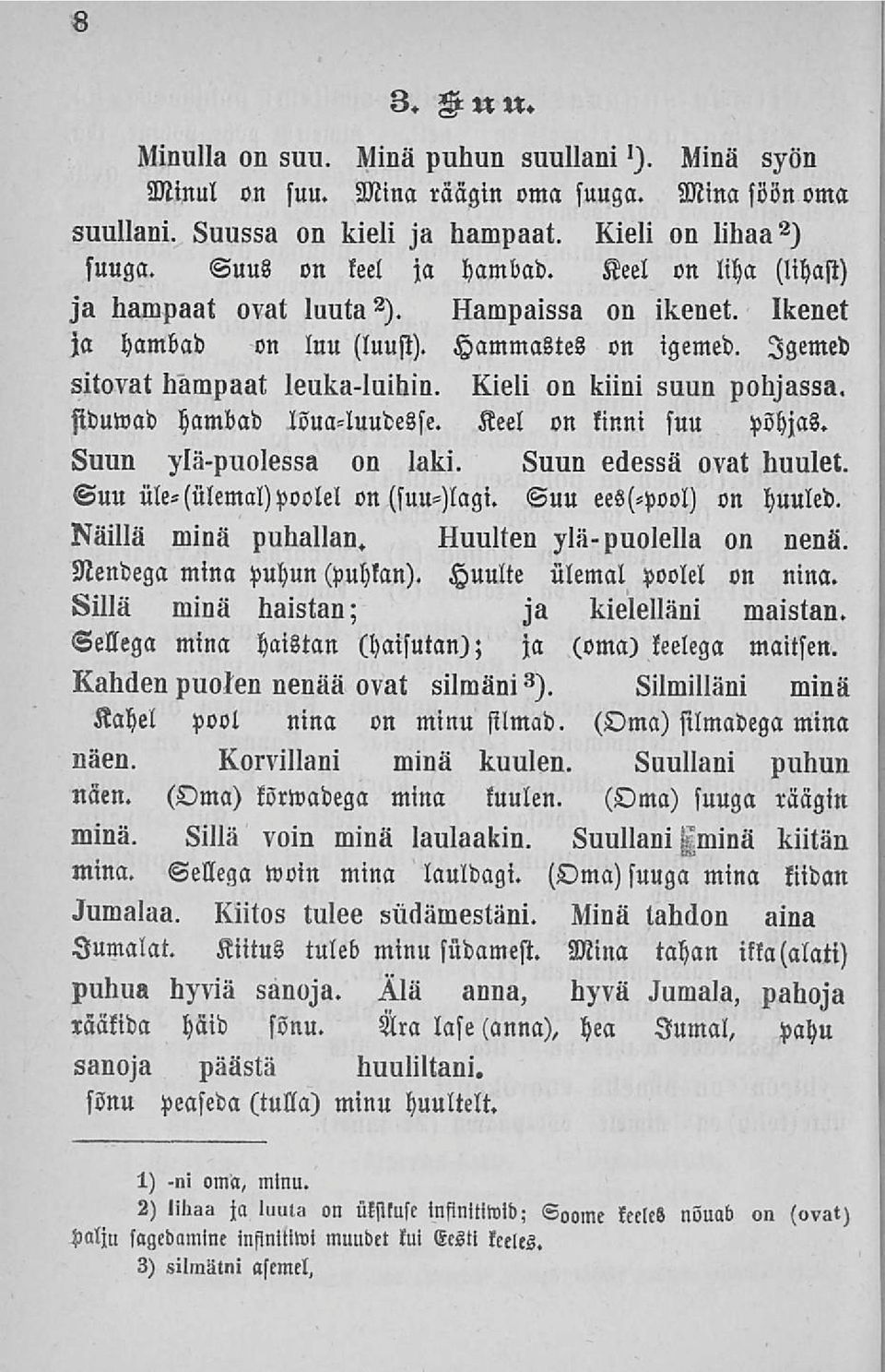 siduwad hambad löua-luudesfe. Keel on linni suu Pöhjas. Suun ylä-puolessa on laki. Buun edessä ovat huulet. Suu Ae- (itfemal) poolel on (suu-)lagi. Suu ees(-pool) on Huuled. Näillä minä puhallan.