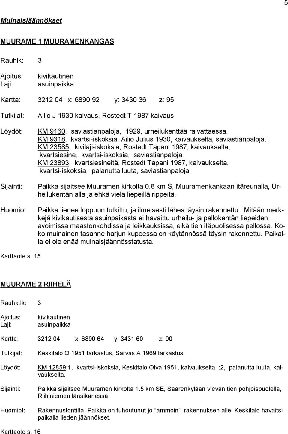 KM 23585, kivilaji-iskoksia, Rostedt Tapani 1987, kaivaukselta, kvartsiesine, kvartsi-iskoksia, saviastianpaloja.