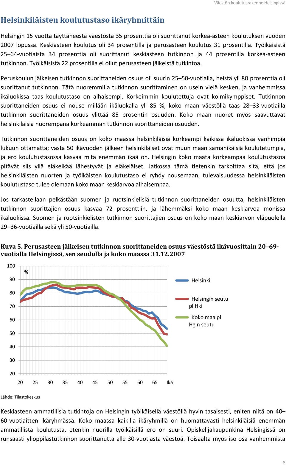 Työikäisistä 25 64-vuotiaista 34 prosenttia oli suorittanut keskiasteen tutkinnon ja 44 prosentilla korkea-asteen tutkinnon. Työikäisistä 22 prosentilla ei ollut perusasteen jälkeistä tutkintoa.