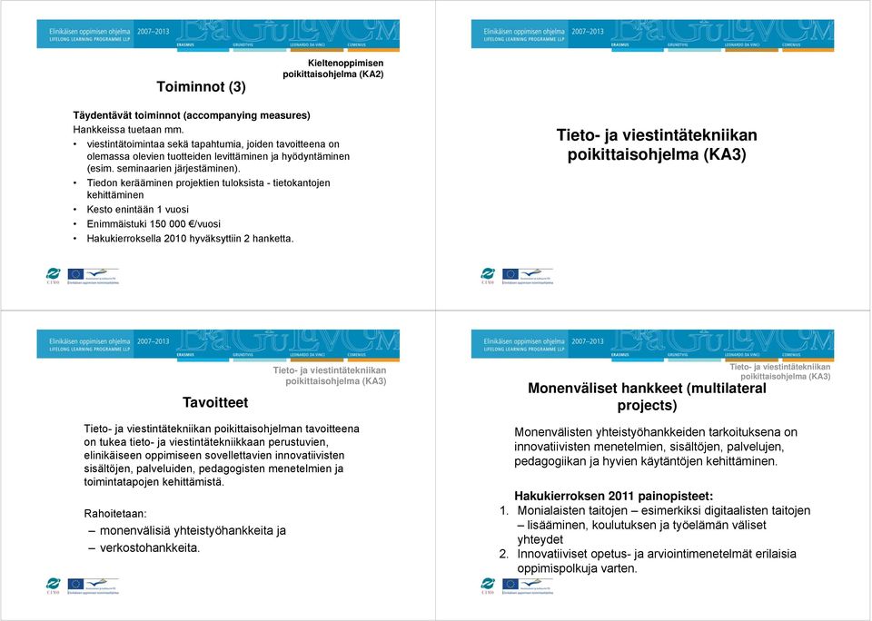 Tiedon kerääminen projektien tuloksista - tietokantojen kehittäminen Kesto enintään 1 vuosi Enimmäistuki 150 000 /vuosi Hakukierroksella 2010 hyväksyttiin 2 hanketta.