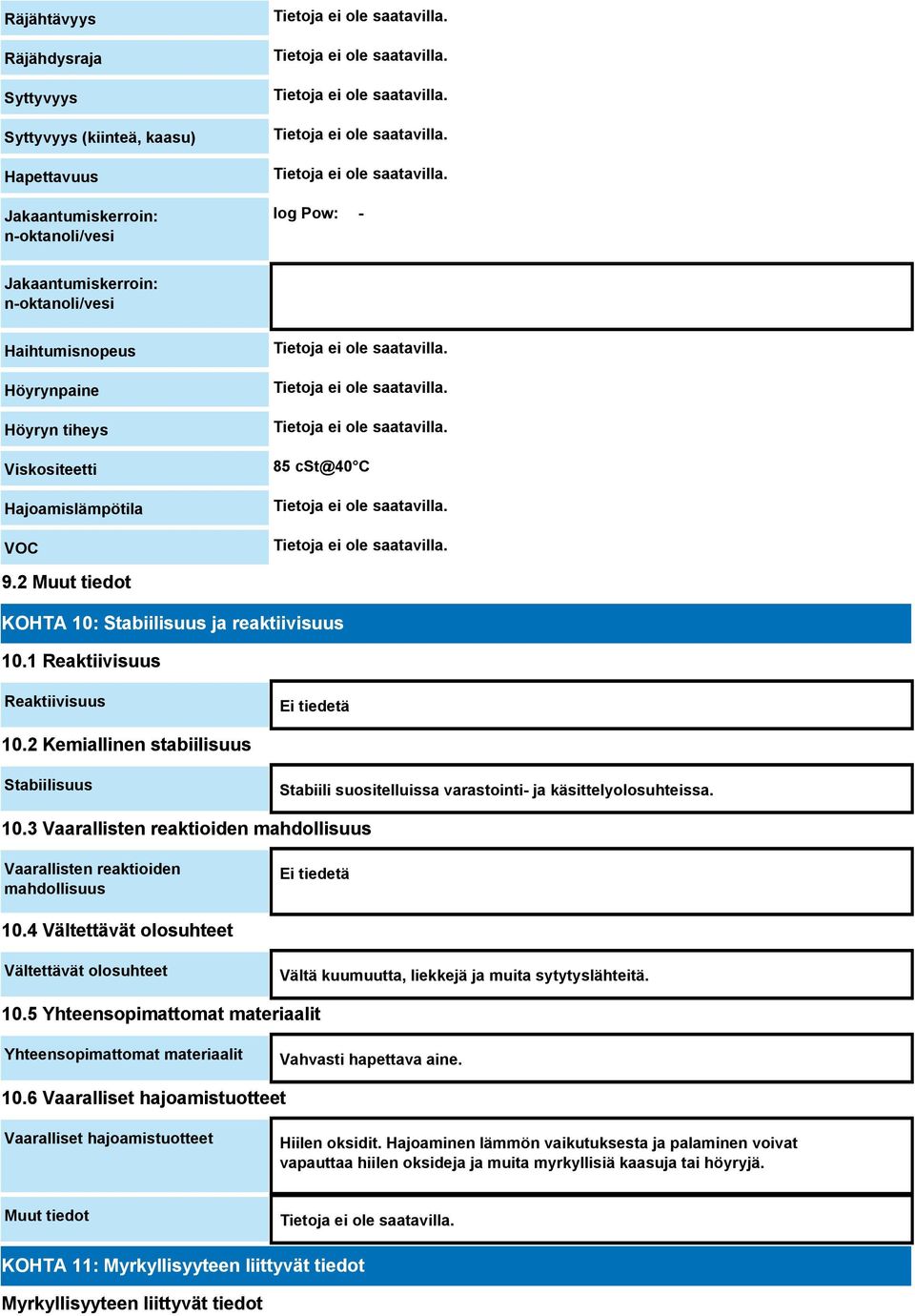 2 Kemiallinen stabiilisuus Stabiilisuus Stabiili suositelluissa varastointi- ja käsittelyolosuhteissa. 10.3 Vaarallisten reaktioiden mahdollisuus Vaarallisten reaktioiden mahdollisuus Ei tiedetä 10.