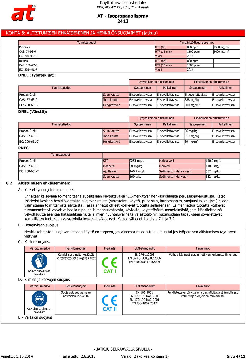 Paikallinen Suun kautta Ihon kautta 888 mg/kg Hengitettynä 500 mg/m³ DNEL (Väestö): Lyhytaikainen altistuminen Pitkäaikainen altistuminen Systeeminen Paikallinen Systeeminen Paikallinen Suun kautta