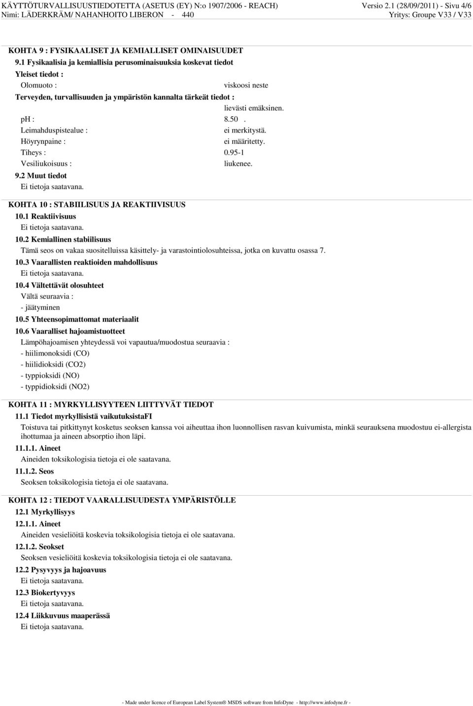 ph : 8.50. Leimahduspistealue : ei merkitystä. Höyrynpaine : ei määritetty. Tiheys : 0.95-1 Vesiliukoisuus : liukenee. 9.2 Muut tiedot KOHTA 10 : STABIILISUUS JA REAKTIIVISUUS 10.1 Reaktiivisuus 10.