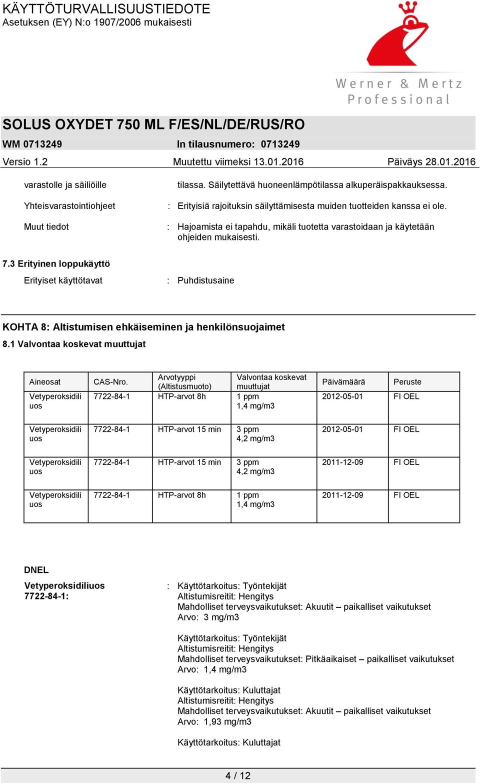 3 Erityinen loppukäyttö Erityiset käyttötavat : Puhdistusaine KOHTA 8: Altistumisen ehkäiseminen ja henkilönsuojaimet 8.1 Valvontaa koskevat muuttujat Aineosat Vetyperoksidili uos CAS-Nro.