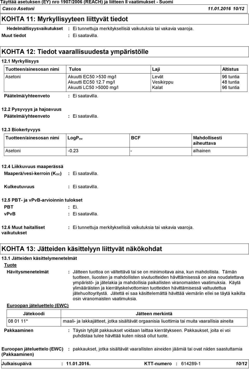 7 mg/l Vesikirppu 48 tuntia Akuutti LC50 >5000 mg/l Kalat 96 tuntia Laji Altistus 12.2 Pysyvyys ja hajoavuus 12.3 Biokertyvyys Tuotteen/ainesosan nimi LogPow BCF Mahdollisesti aiheuttava Asetoni -0.