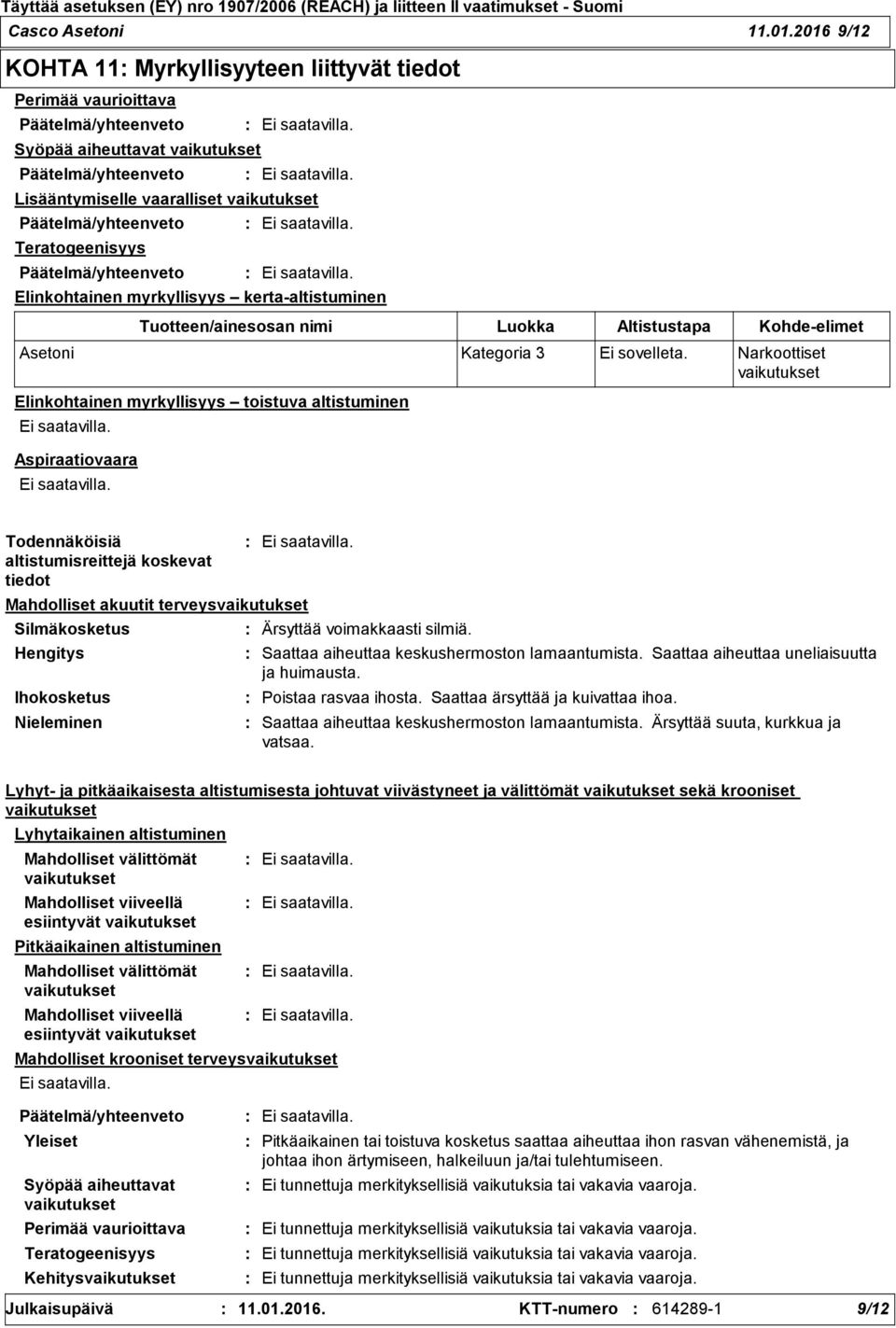 kerta-altistuminen Elinkohtainen myrkyllisyys toistuva altistuminen Aspiraatiovaara Tuotteen/ainesosan nimi Luokka Altistustapa Kohde-elimet Asetoni Kategoria 3 Narkoottiset vaikutukset Todennäköisiä