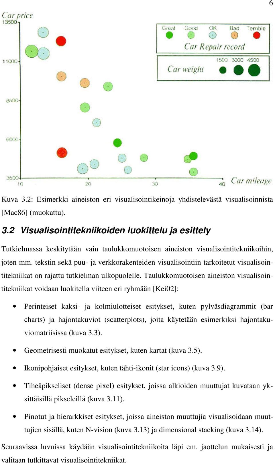 Taulukkomuotoisen aineiston visualisointitekniikat voidaan luokitella viiteen eri ryhmään [Kei02]: Perinteiset kaksi- ja kolmiulotteiset esitykset, kuten pylväsdiagrammit (bar charts) ja