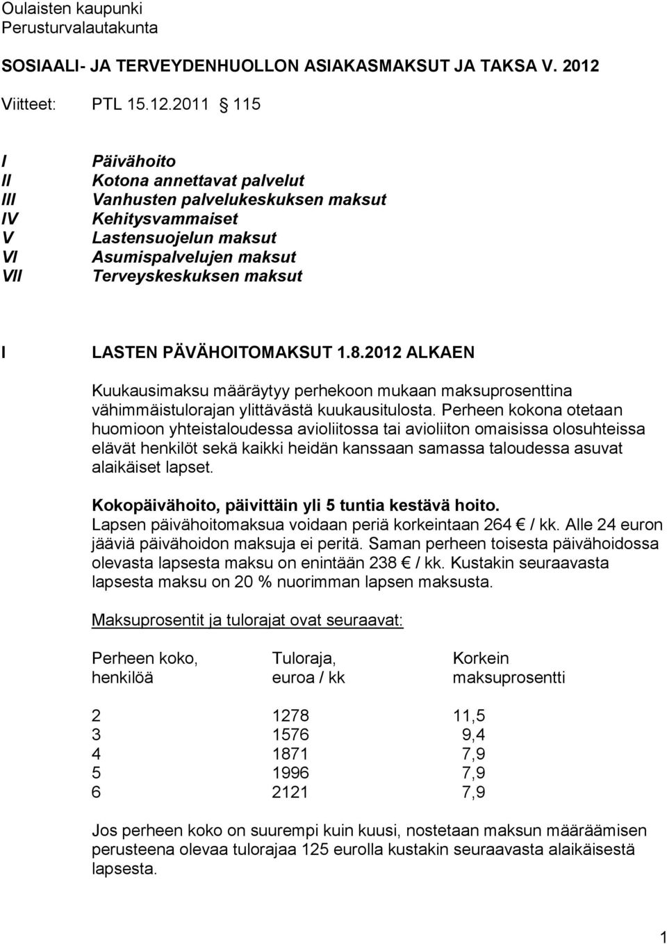 2011 115 I II III IV V VI VII Päivähoito Kotona annettavat palvelut Vanhusten palvelukeskuksen maksut Kehitysvammaiset Lastensuojelun maksut Asumispalvelujen maksut Terveyskeskuksen maksut I LASTEN