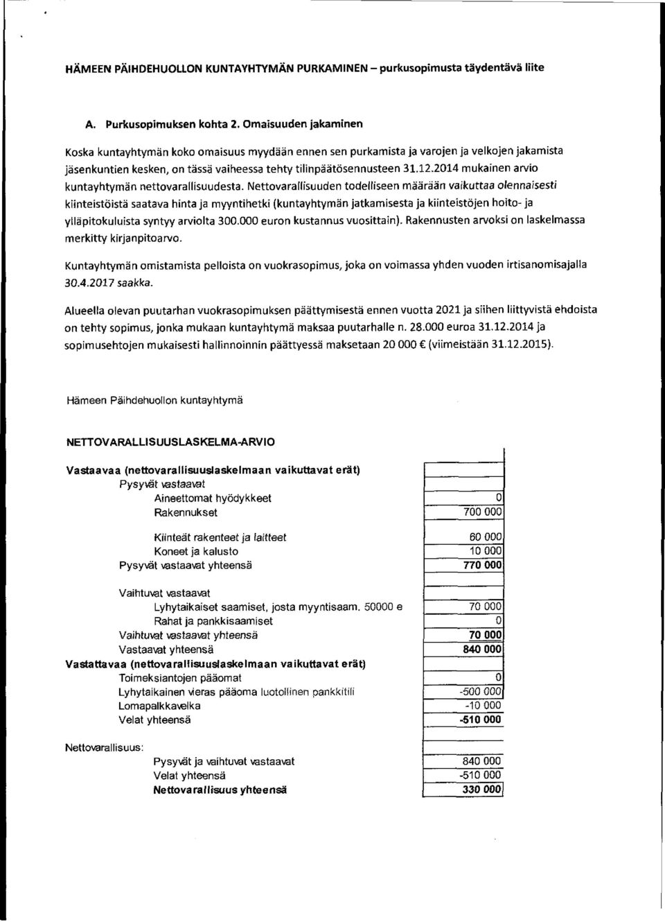 2014 mukainen arvio kuntayhtymän nettovarallisuudesta.