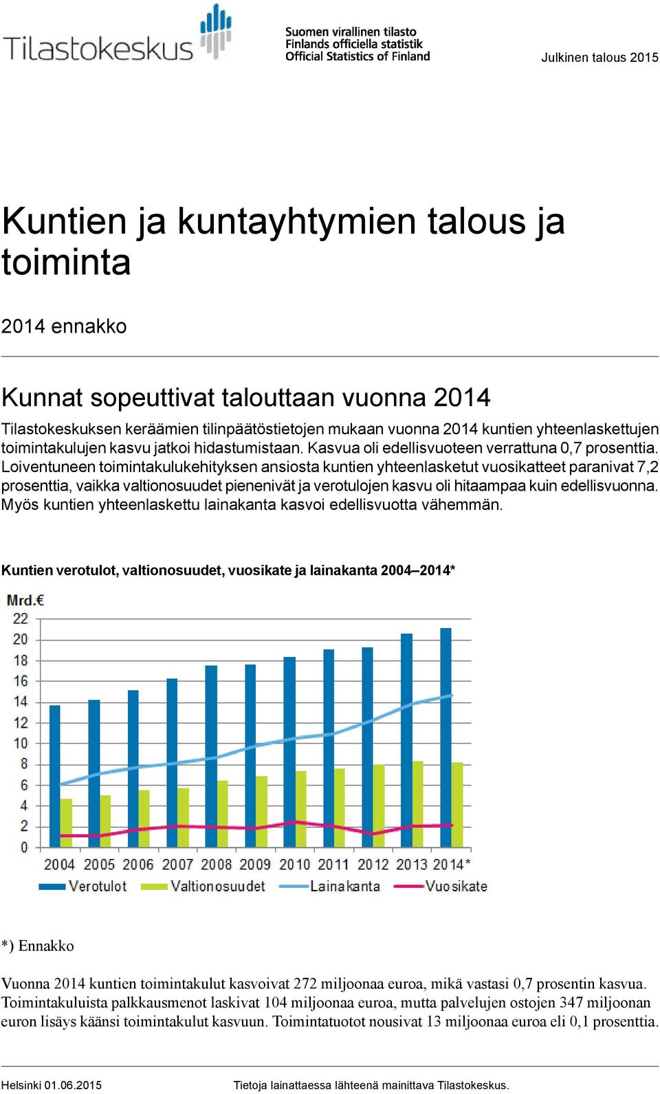 Loiventuneen toimintakulukehityksen ansiosta kuntien yhteenlasketut vuosikatteet paranivat 7,2 prosenttia, vaikka valtionosuudet pienenivät ja verotulojen kasvu oli hitaampaa kuin edellisvuonna.