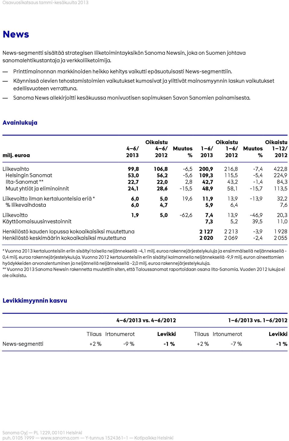 Käynnissä olevien tehostamistoimien vaikutukset kumosivat ja ylittivät mainosmyynnin laskun vaikutukset edellisvuoteen verrattuna.