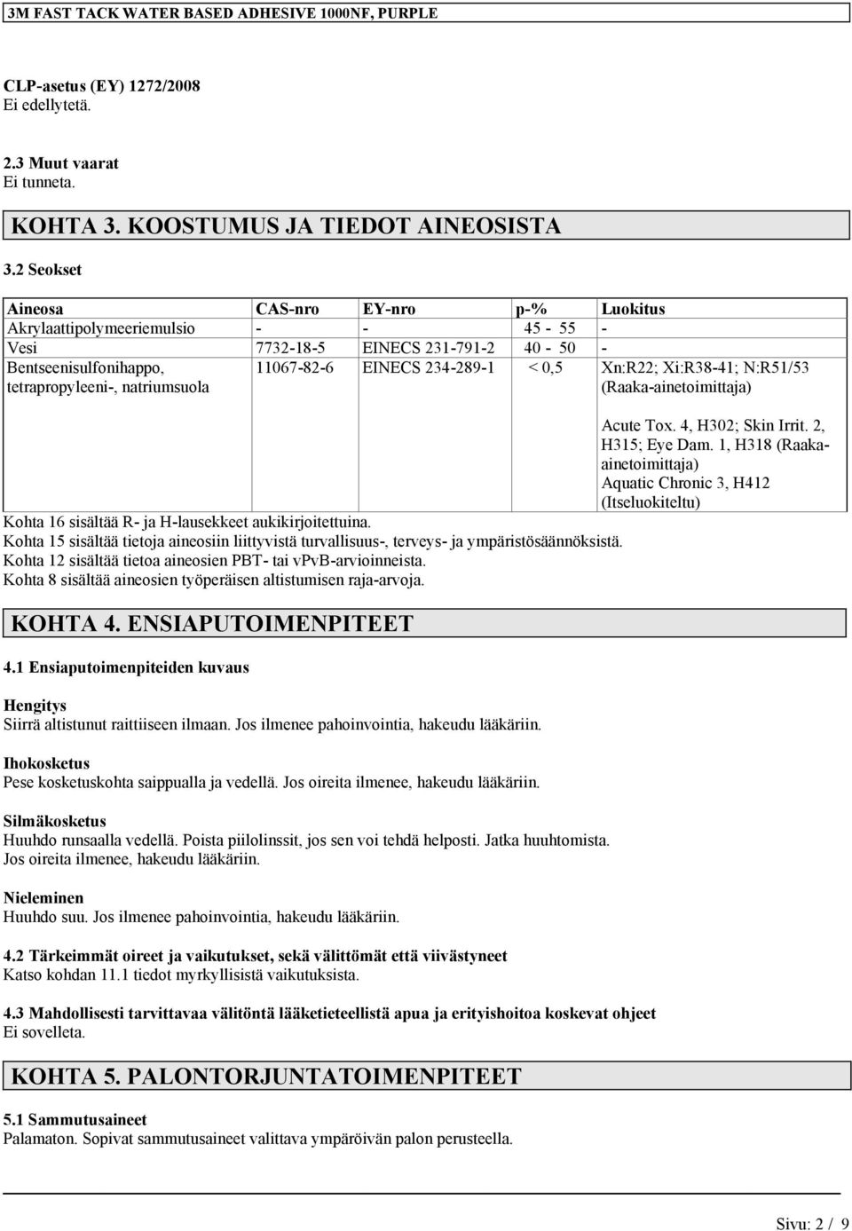 (Raaka-ainetoimittaja) Acute Tox. 4, H302; Skin Irrit. 2, H315; Eye Dam. 1, H318 (Raakaainetoimittaja) Aquatic Chronic 3, H412 (Itseluokiteltu) Kohta 16 sisältää R- ja H-lausekkeet aukikirjoitettuina.