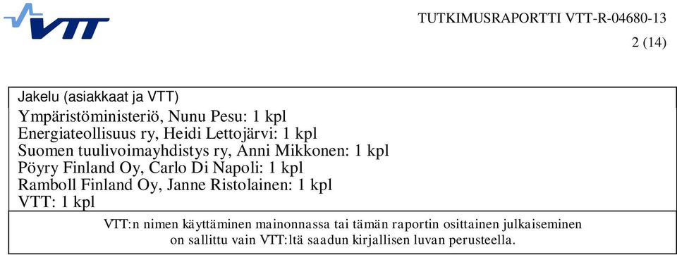 Finland Oy, Carlo Di Napoli: 1 kpl Ramboll Finland Oy, Janne Ristolainen: 1 kpl VTT: 1 kpl VTT:n nimen