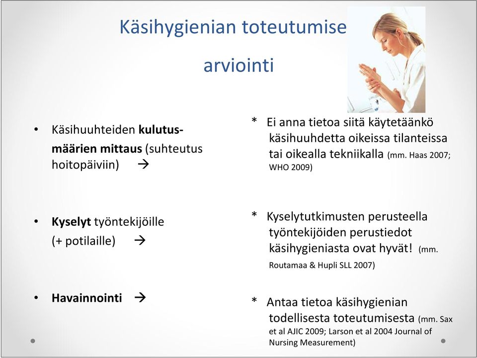 Haas 2007; WHO 2009) Kyselyttyöntekijöille (+ potilaille) * Kyselytutkimusten perusteella työntekijöiden perustiedot