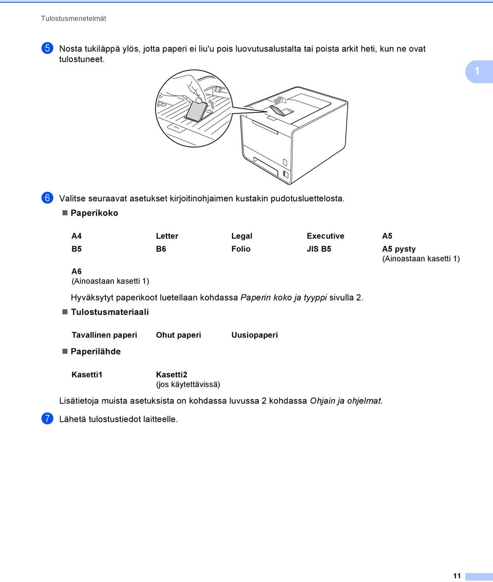 Paperikoko A4 Letter Legal Executive A5 B5 B6 Folio JIS B5 A5 pysty (Ainoastaan kasetti ) A6 (Ainoastaan kasetti ) Hyväksytyt paperikoot luetellaan kohdassa