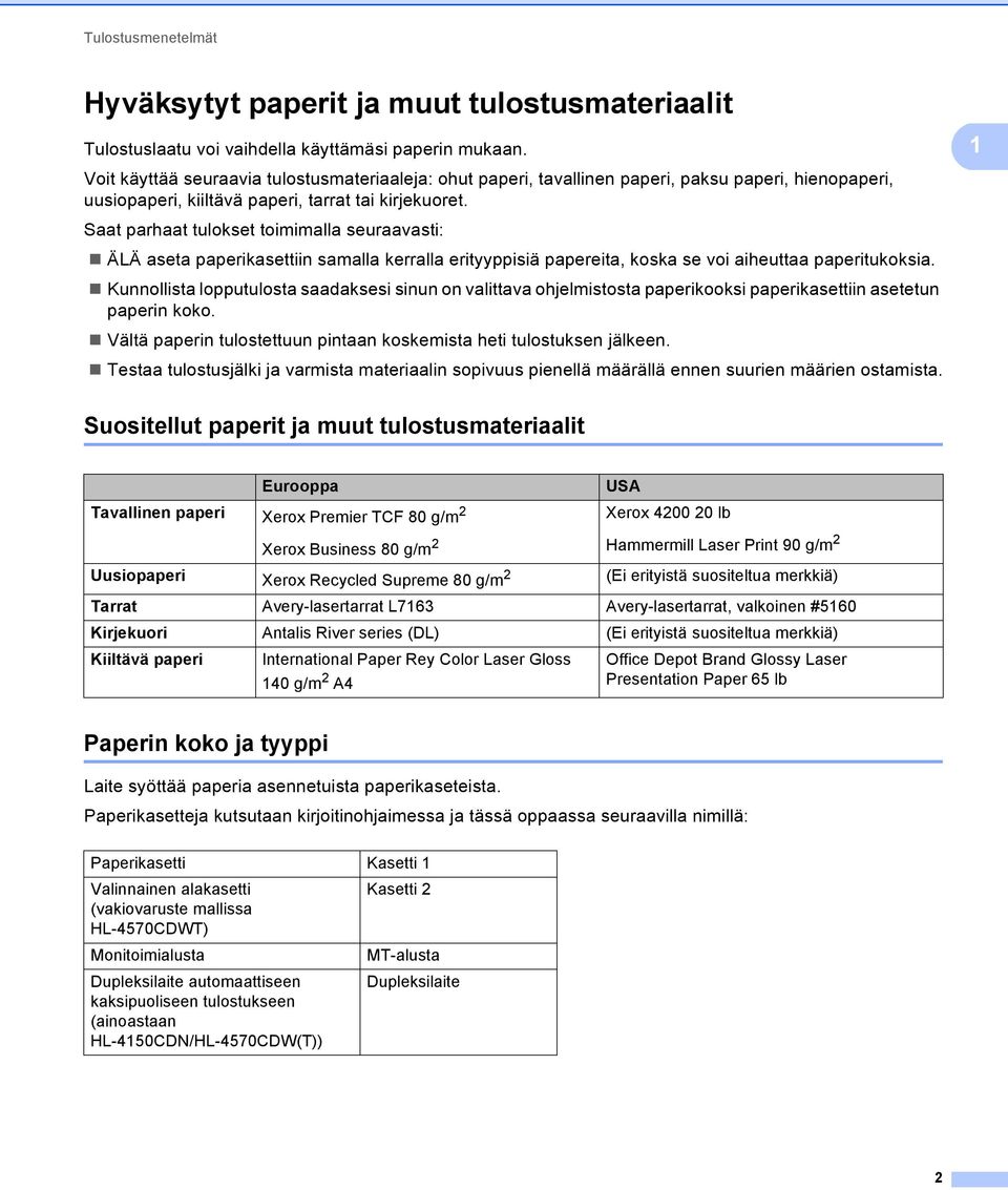 Saat parhaat tulokset toimimalla seuraavasti: ÄLÄ aseta paperikasettiin samalla kerralla erityyppisiä papereita, koska se voi aiheuttaa paperitukoksia.