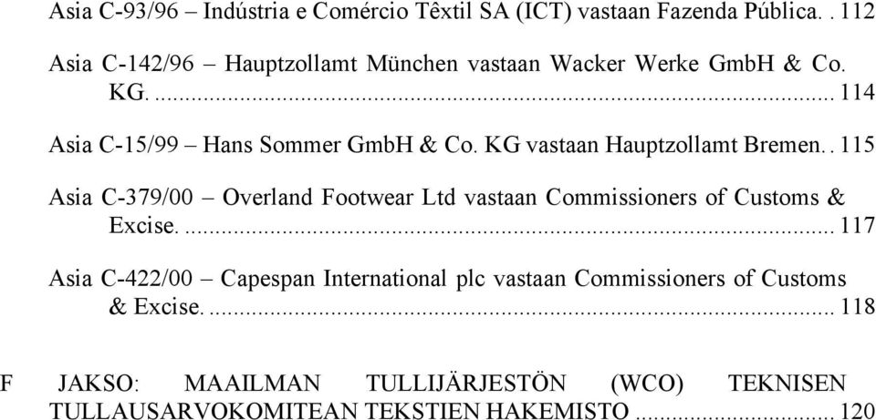 KG vastaan Hauptzollamt Bremen.. 115 Asia C-379/00 Overland Footwear Ltd vastaan Commissioners of Customs & Excise.