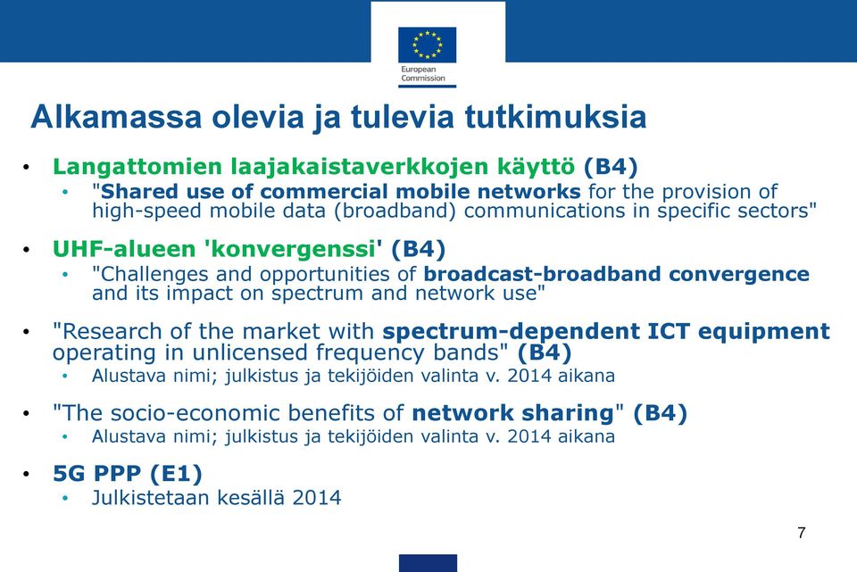 and network use" "Research of the market with spectrum-dependent ICT equipment operating in unlicensed frequency bands" (B4) Alustava nimi; julkistus ja tekijöiden valinta