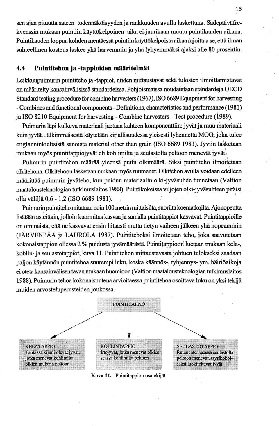 4 Puintitehon ja -tappioiden määritelmät Leikkuupuimurin puintiteho ja -tappiot, niiden mittaustavat sekä tulosten ilmoittamistavat on määritelty kansainvälisissä standardeissa.