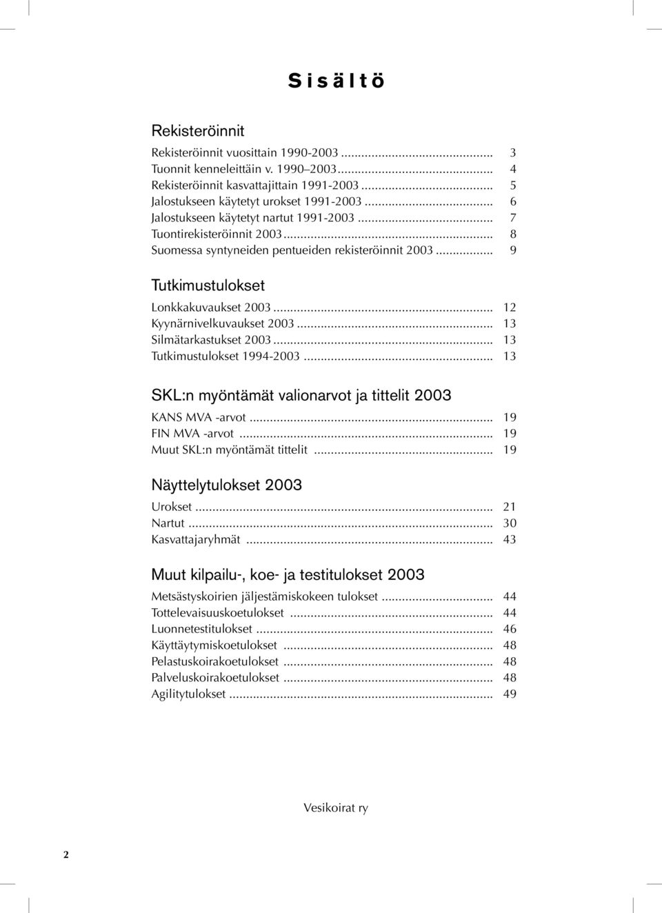 .. 12 Kyynärnivelkuvaukset 2003... 13 Silmätarkastukset 2003... 13 Tutkimustulokset 1994-2003... 13 SKL:n myöntämät valionarvot ja tittelit 2003 KANS MVA -arvot... 19 FIN MVA -arvot.