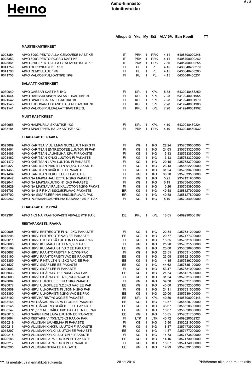 1KG FI PL 1 PL 4,15 6430048450231 SALAATTIKASTIKKEET 8039040 AIMO CAESAR KASTIKE 1KG FI KPL 1 KPL 5,38 6430048455250 8021544 AIMO RANSKALAINEN SALAATTIKASTIKE 3L FI KPL 1 KPL 7,28 6419248001955