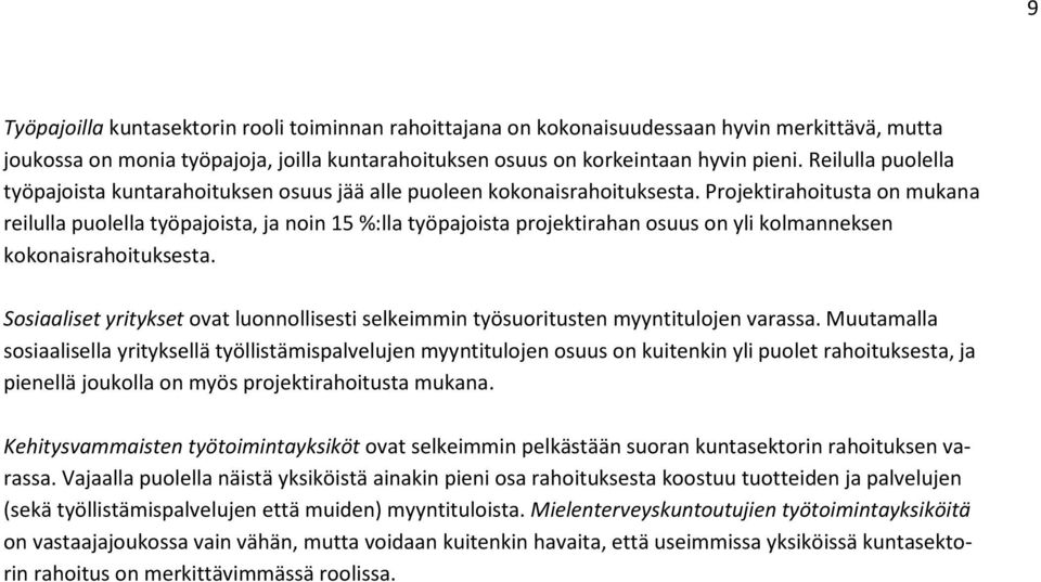 Projektirahoitusta on mukana reilulla puolella työpajoista, ja noin 15 %:lla työpajoista projektirahan osuus on yli kolmanneksen kokonaisrahoituksesta.