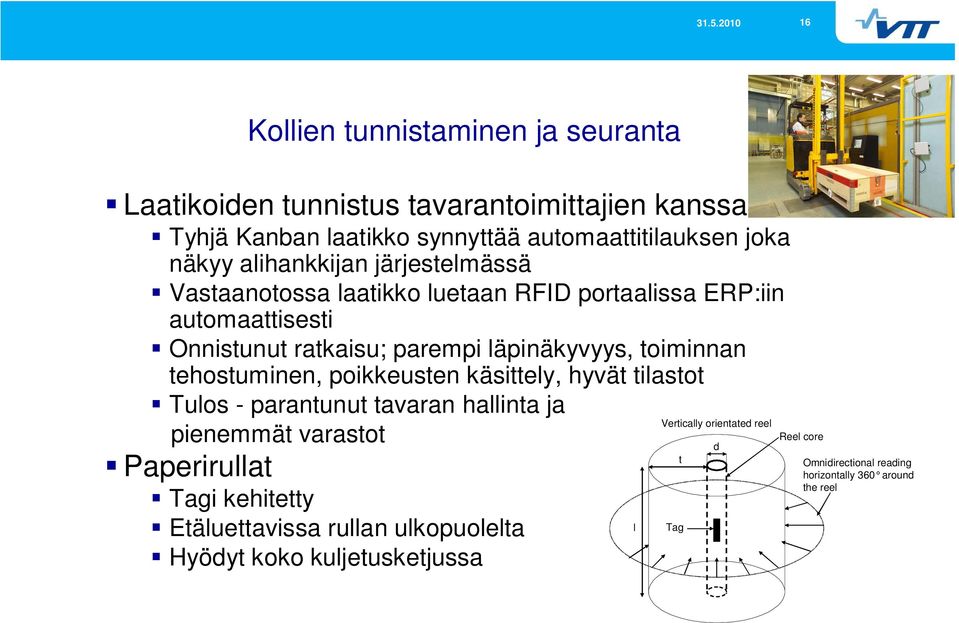 toiminnan tehostuminen, poikkeusten käsittely, hyvät tilastot Tulos - parantunut tavaran hallinta ja Vertically orientated reel pienemmät varastot d t