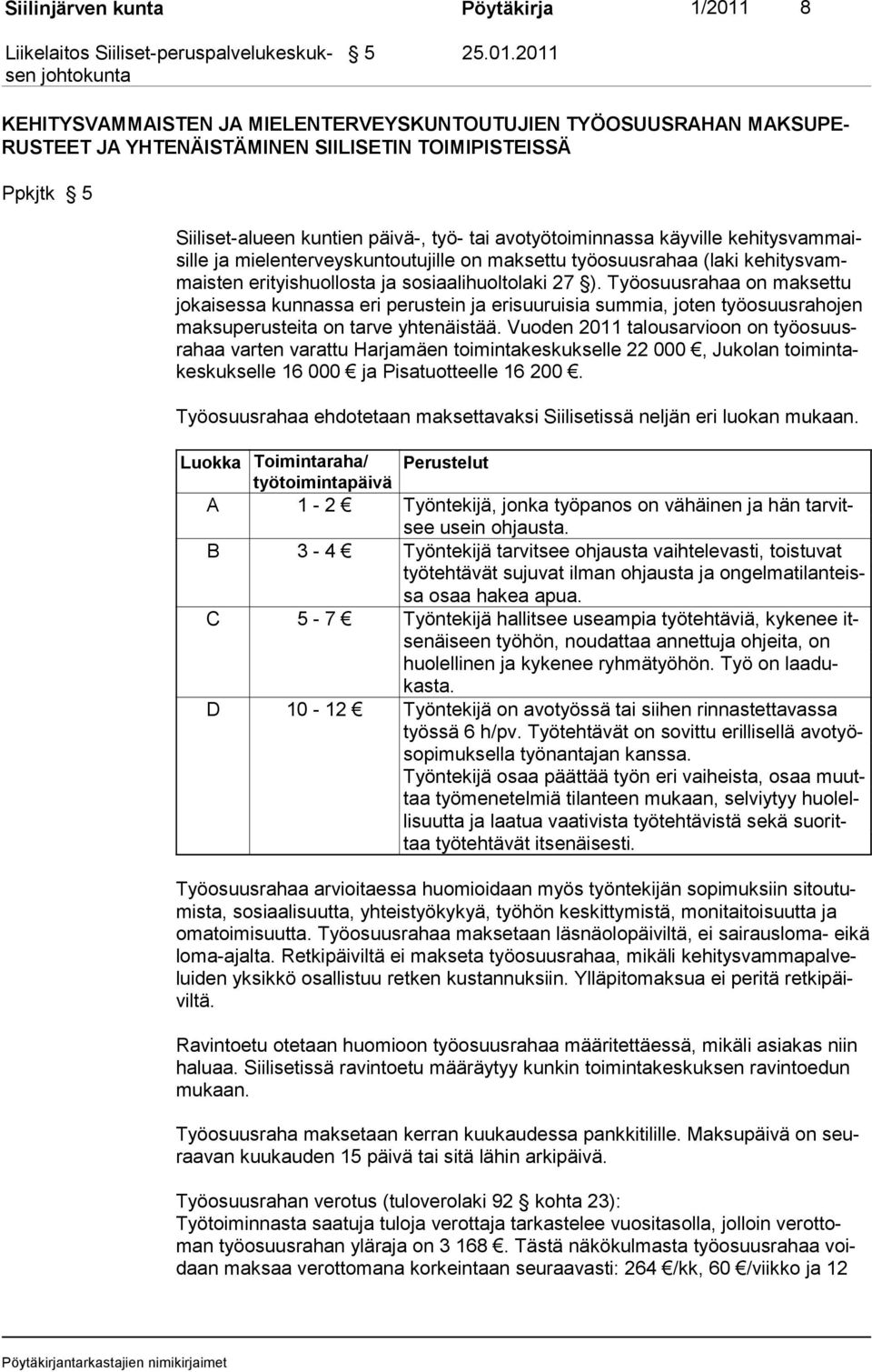 2011 KEHITYSVAMMAISTEN JA MIELENTERVEYSKUNTOUTUJIEN TYÖOSUUSRAHAN MAKSUPE- RUSTEET JA YHTENÄISTÄMINEN SIILISETIN TOIMIPISTEISSÄ Ppkjtk 5 Siiliset-alueen kuntien päivä-, työ- tai avotyötoiminnassa