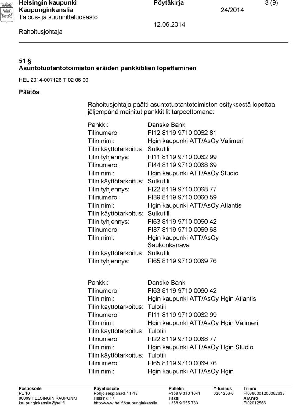 Tilinumero: FI44 8119 9710 0068 69 Hgin kaupunki ATT/AsOy Studio Tilin käyttötarkoitus: Sulkutili Tilin tyhjennys: FI22 8119 9710 0068 77 Tilinumero: FI89 8119 9710 0060 59 Hgin kaupunki ATT/AsOy