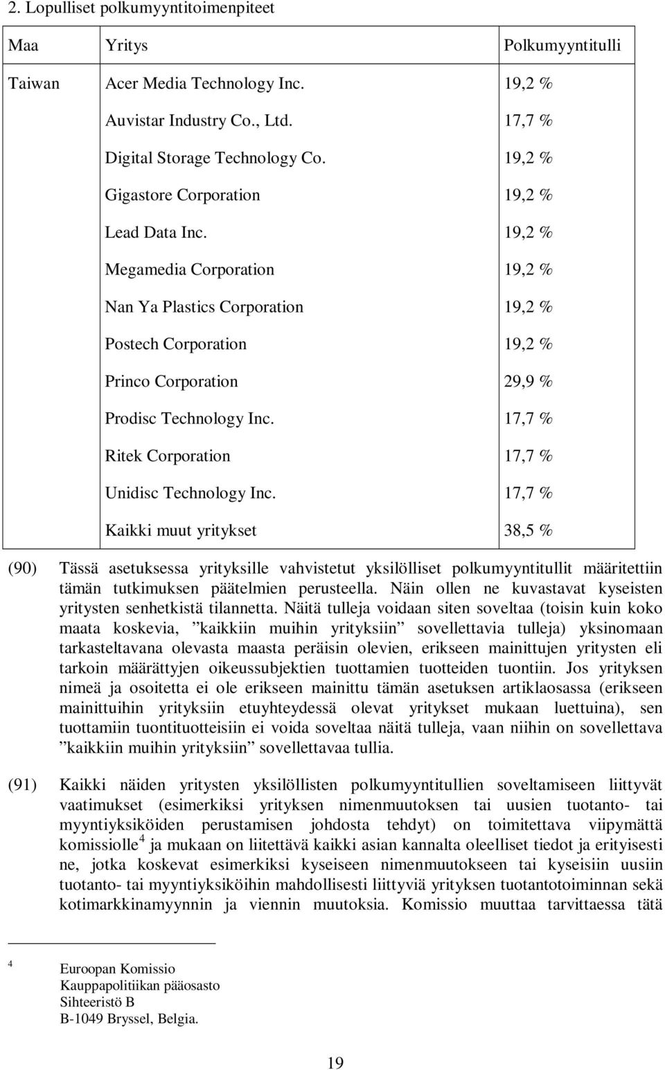 Kaikki muut yritykset 19,2 % 17,7 % 19,2 % 19,2 % 19,2 % 19,2 % 19,2 % 19,2 % 29,9 % 17,7 % 17,7 % 17,7 % 38,5 % (90) Tässä asetuksessa yrityksille vahvistetut yksilölliset polkumyyntitullit