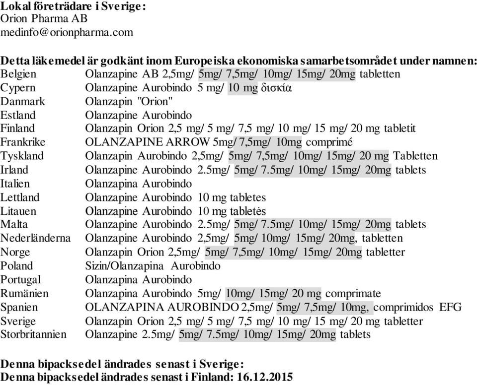 δισκία Danmark Olanzapin "Orion" Estland Olanzapine Aurobindo Finland Olanzapin Orion 2,5 mg/ 5 mg/ 7,5 mg/ 10 mg/ 15 mg/ 20 mg tabletit Frankrike OLANZAPINE ARROW 5mg/ 7,5mg/ 10mg comprimé Tyskland