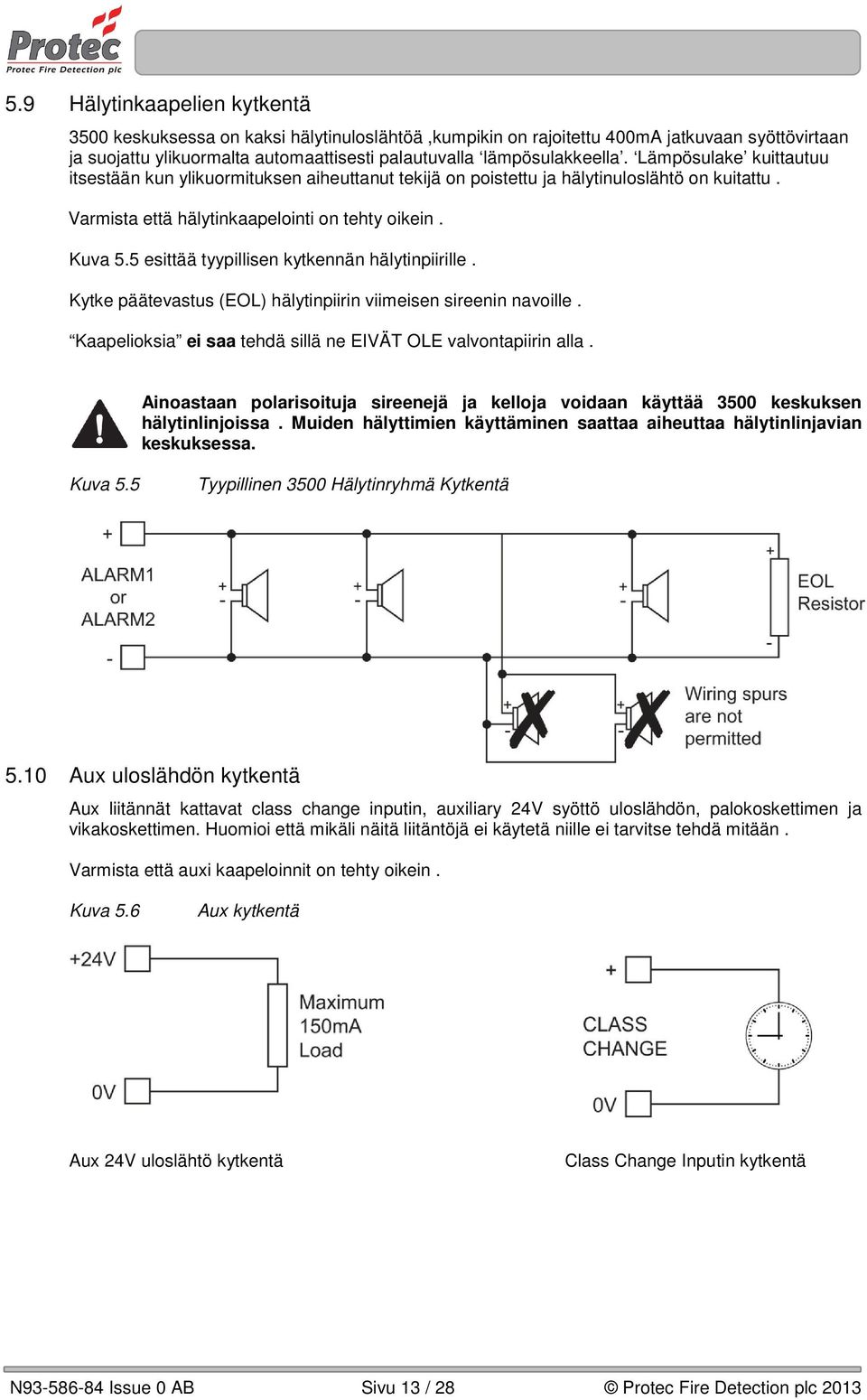 5 esittää tyypillisen kytkennän hälytinpiirille. Kytke päätevastus (EOL) hälytinpiirin viimeisen sireenin navoille. Kaapelioksia ei saa tehdä sillä ne EIVÄT OLE valvontapiirin alla.