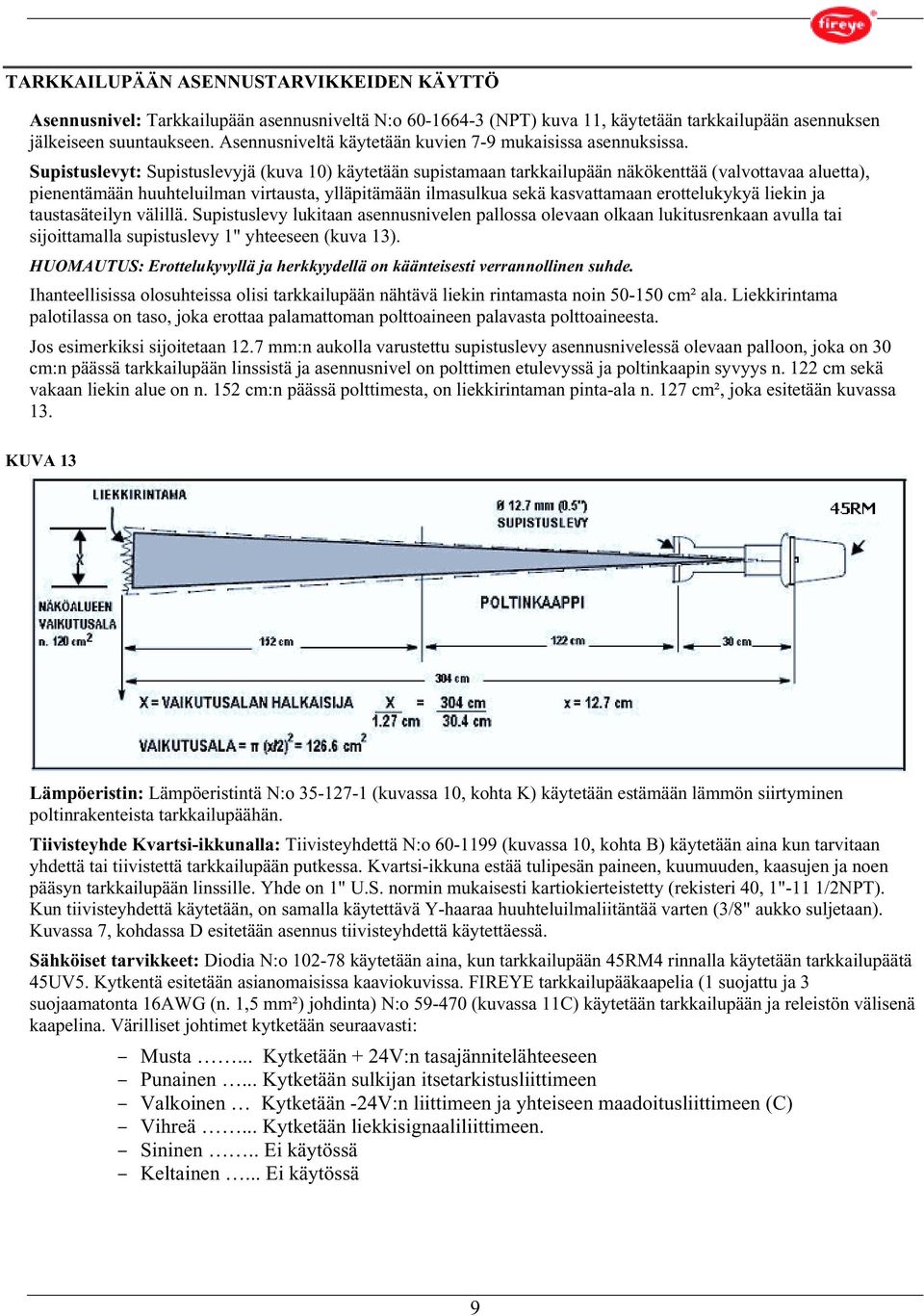 Supistuslevyt: Supistuslevyjä (kuva 10) käytetään supistamaan tarkkailupään näkökenttää (valvottavaa aluetta), pienentämään huuhteluilman virtausta, ylläpitämään ilmasulkua sekä kasvattamaan