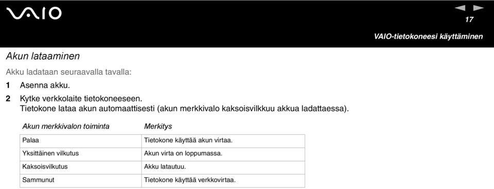 Tietokone lataa akun automaattisesti (akun merkkivalo kaksoisvilkkuu akkua ladattaessa).