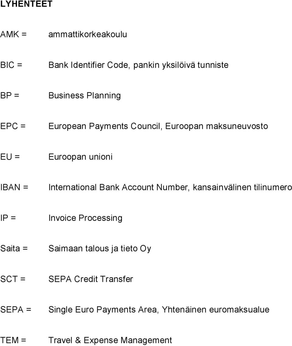 Bank Account Number, kansainvälinen tilinumero IP = Invoice Processing Saita = Saimaan talous ja tieto Oy