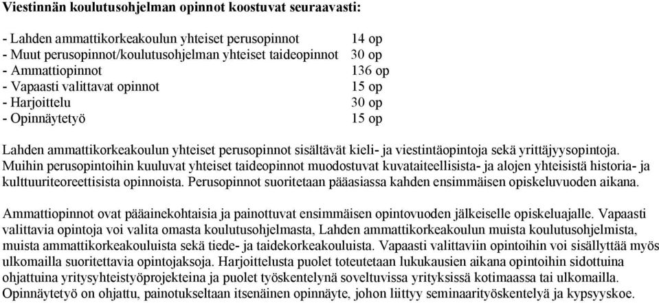 Muihin perusopintoihin kuuluvat yhteiset taideopinnot muodostuvat kuvataiteellisista- ja alojen yhteisistä historia- ja kulttuuriteoreettisista opinnoista.