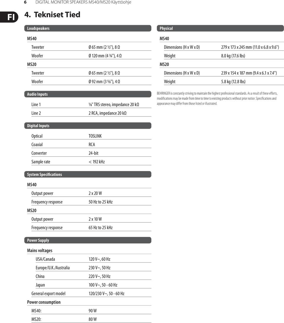 impedance 20 kω 2 RCA, impedance 20 kω Physical Dimensions (H x W x D) 279 x 173 x 245 mm (11.0 x 6.8 x 9.6") Weight MS20 8.0 kg (17.6 lbs) Dimensions (H x W x D) 239 x 154 x 187 mm (9.4 x 6.1 x 7.