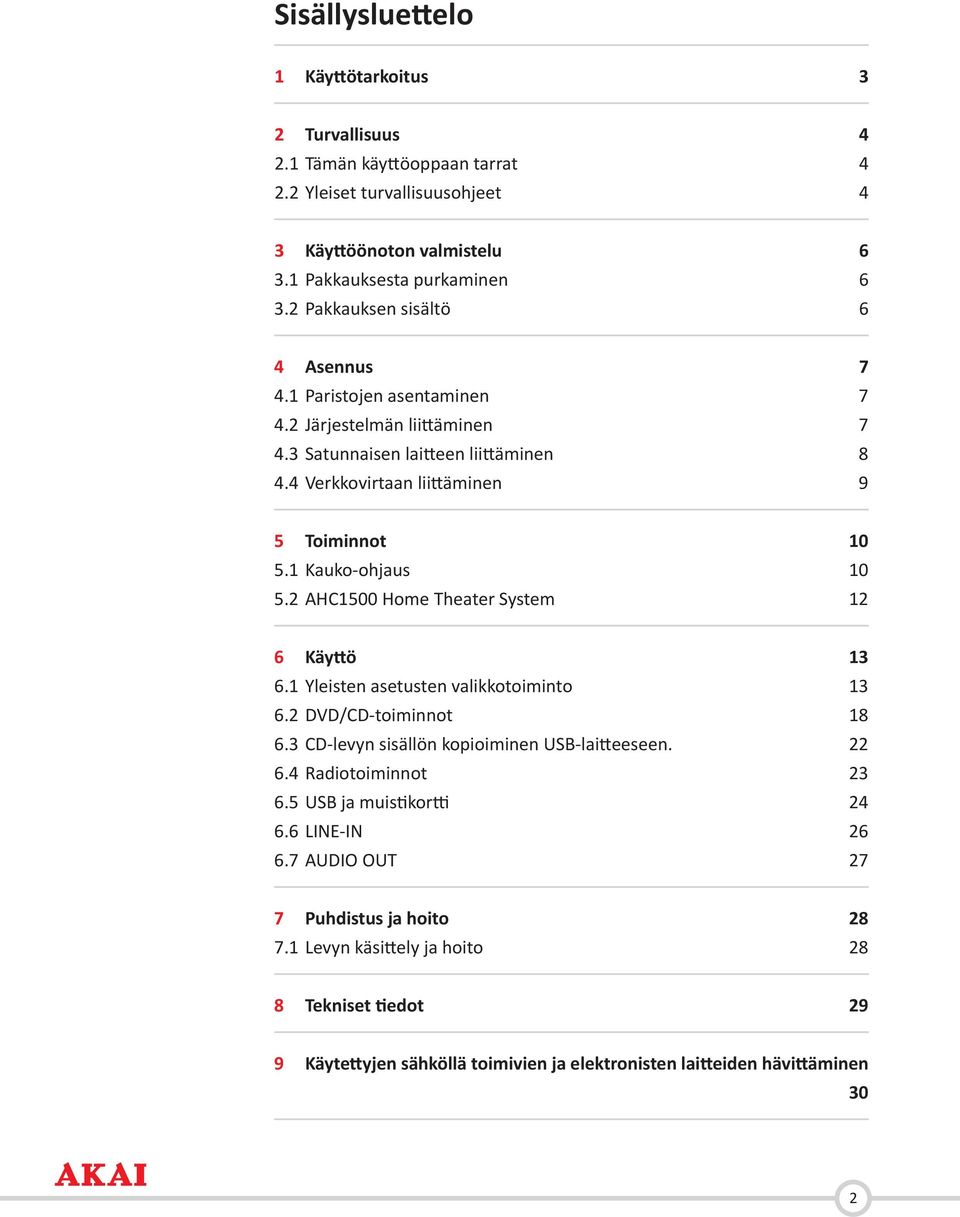 1 Kauko-ohjaus 10 5.2 AHC1500 Home Theater System 12 6 Käyttö 13 6.1 Yleisten asetusten valikkotoiminto 13 6.2 DVD/CD-toiminnot 18 6.3 CD-levyn sisällön kopioiminen USB-laitteeseen. 22 6.