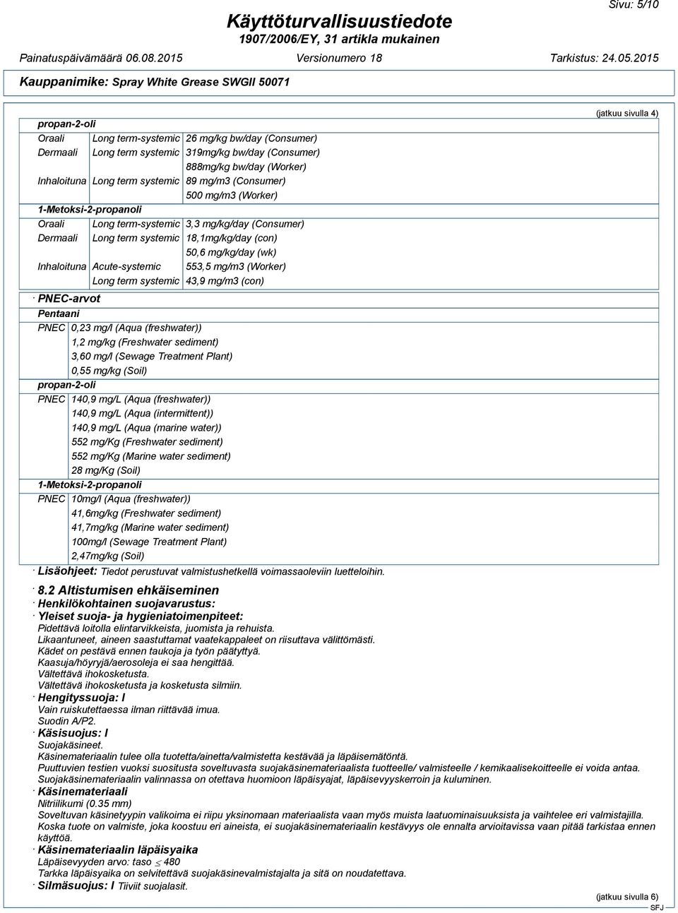 systemic 43,9 mg/m3 (con) PNEC-arvot PNEC 0,23 mg/l (Aqua (freshwater)) 1,2 mg/kg (Freshwater sediment) 3,60 mg/l (Sewage Treatment Plant) 0,55 mg/kg (Soil) PNEC 140,9 mg/l (Aqua (freshwater)) 140,9