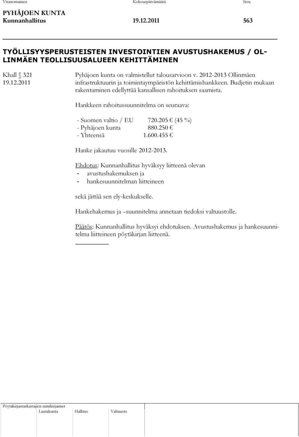 2013 Ollinmäen 19.12.2011 infrastruktuurin ja toimintaympäristön kehittämishankkeen. Budjetin mukaan rakentaminen edellyttää kansallisen rahoituksen saamista.