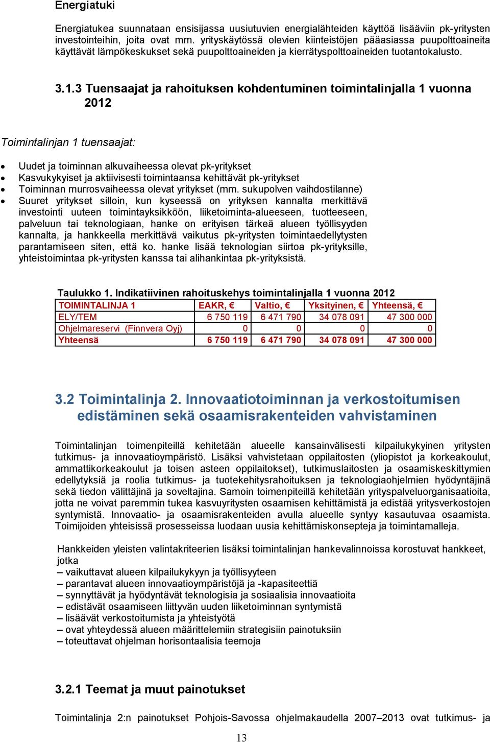 3 Tuensaajat ja rahoituksen kohdentuminen toimintalinjalla 1 vuonna 2012 Toimintalinjan 1 tuensaajat: Uudet ja toiminnan alkuvaiheessa olevat pk-yritykset Kasvukykyiset ja aktiivisesti toimintaansa