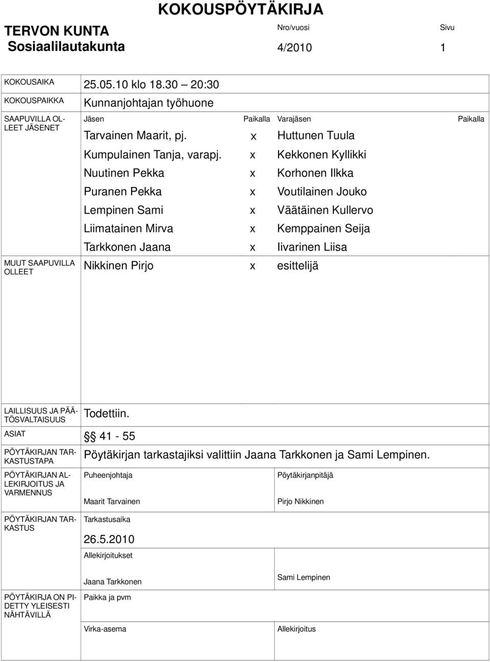 x Kekkonen Kyllikki Nuutinen Pekka x Korhonen Ilkka Puranen Pekka x Voutilainen Jouko Lempinen Sami x Väätäinen Kullervo Liimatainen Mirva x Kemppainen Seija Tarkkonen Jaana x Iivarinen Liisa