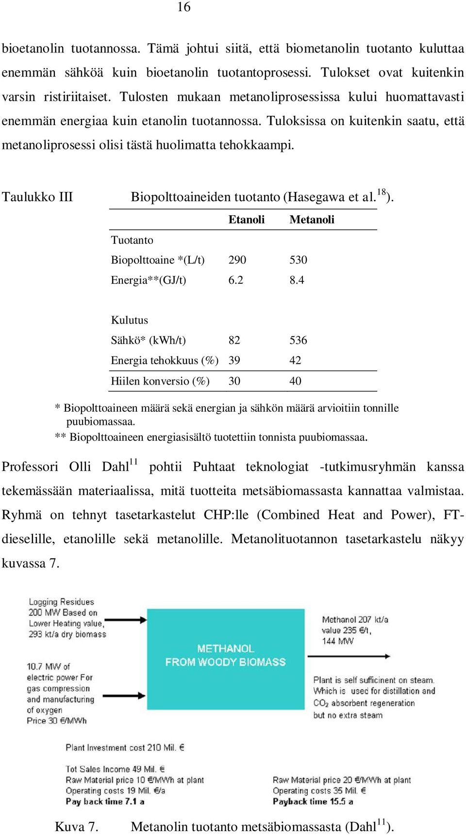 Taulukko III Biopolttoaineiden tuotanto (Hasegawa et al. 18 ). Etanoli Metanoli Tuotanto Biopolttoaine *(L/t) 90 530 Energia**(GJ/t) 6. 8.