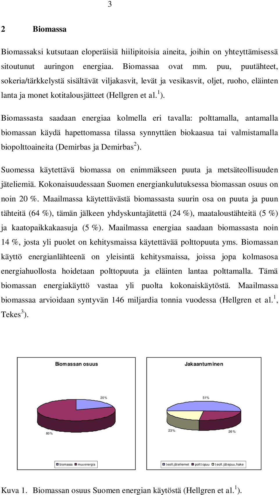 Biomassasta saadaan energiaa kolmella eri tavalla: polttamalla, antamalla biomassan käydä hapettomassa tilassa synnyttäen biokaasua tai valmistamalla biopolttoaineita (Demirbas ja Demirbas ).