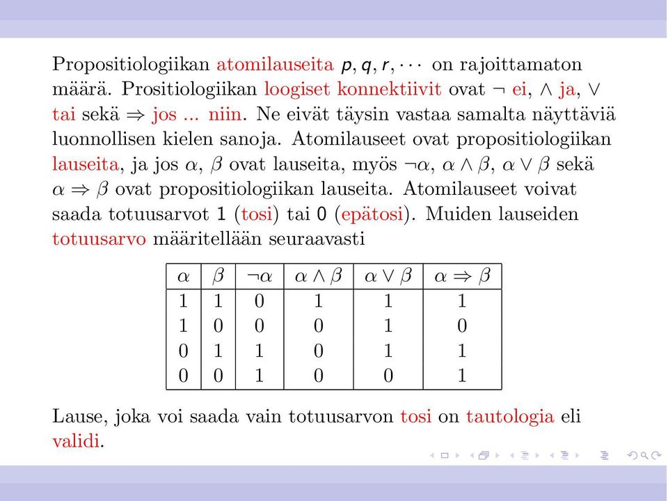 Atomilauseet ovat propositiologiikan lauseita, ja jos α, β ovat lauseita, myös α, α β, α β sekä α β ovat propositiologiikan lauseita.