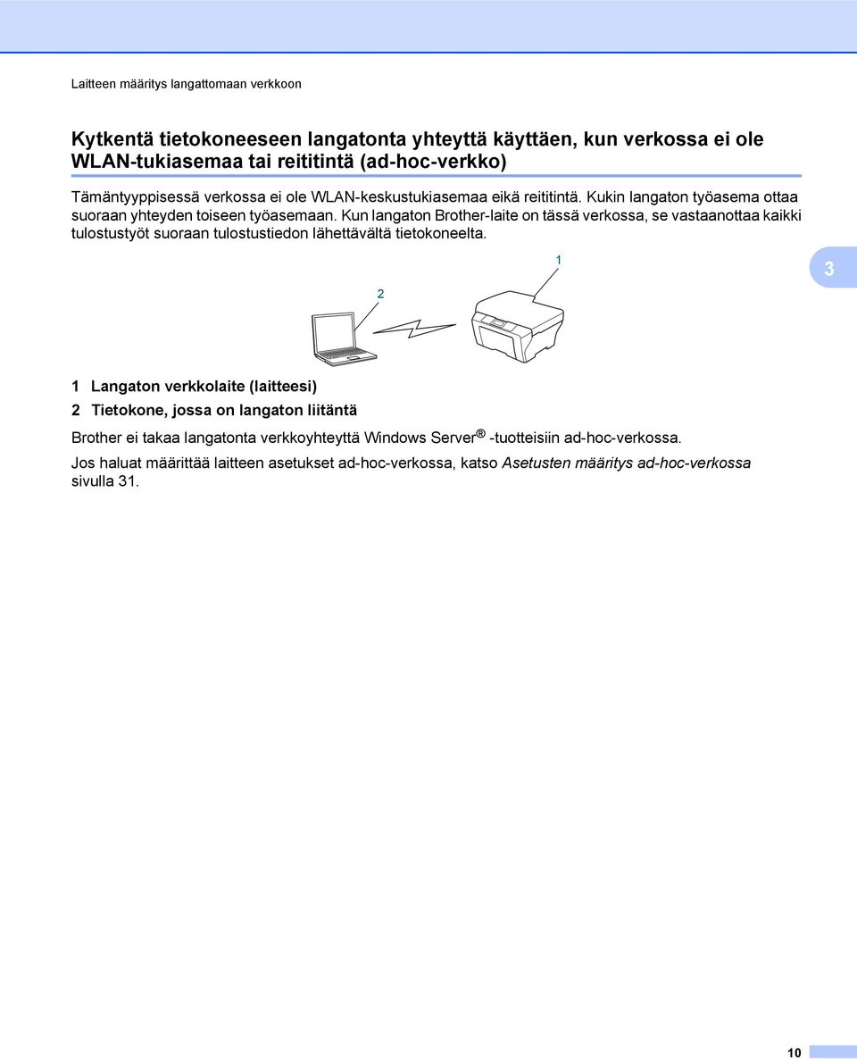 Kun langaton Brother-laite on tässä verkossa, se vastaanottaa kaikki tulostustyöt suoraan tulostustiedon lähettävältä tietokoneelta.