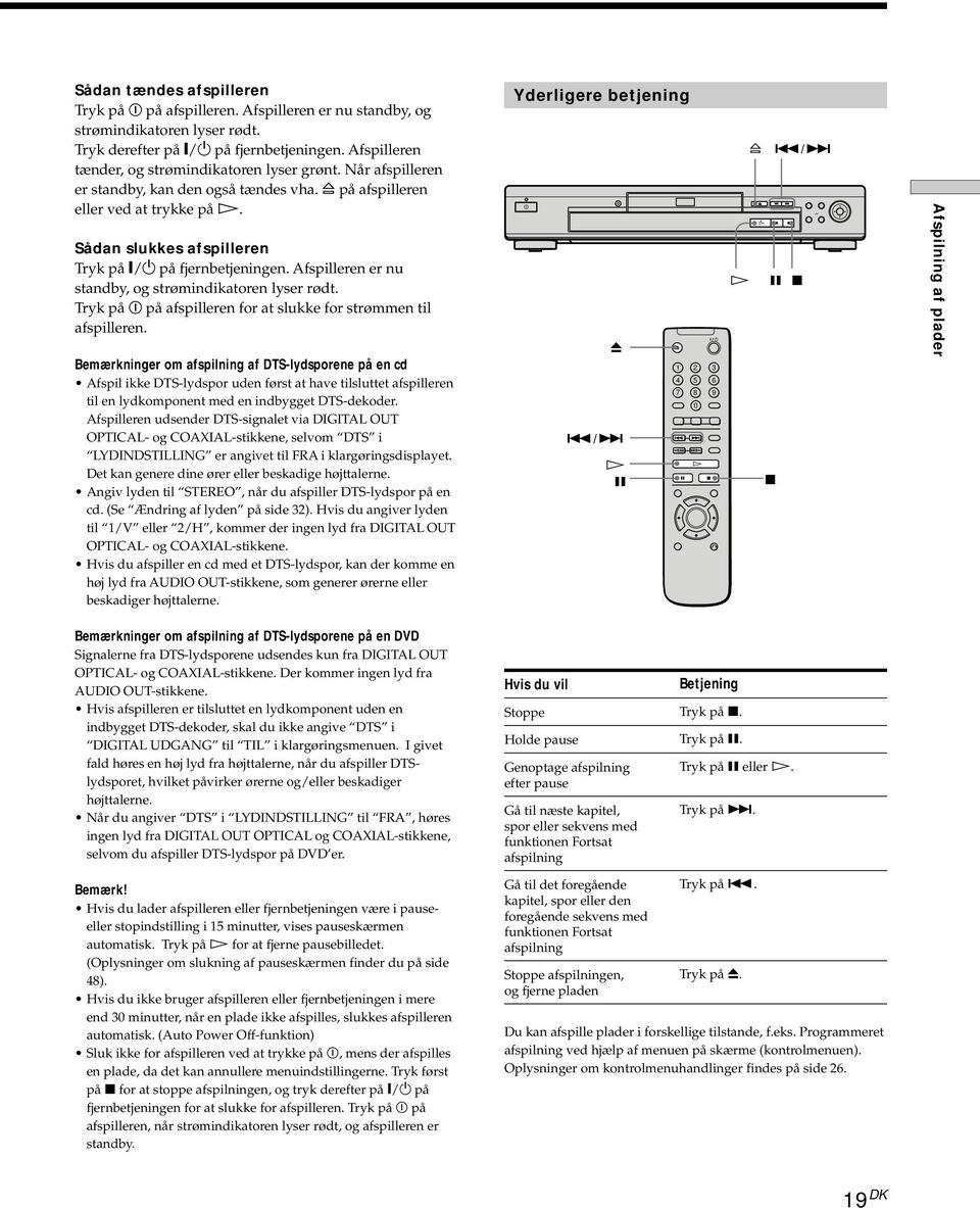 Sådan slukkes afspilleren Tryk på @/1 på fjernbetjeningen. Afspilleren er nu standby, og strømindikatoren lyser rødt. Tryk på! på afspilleren for at slukke for strømmen til afspilleren.