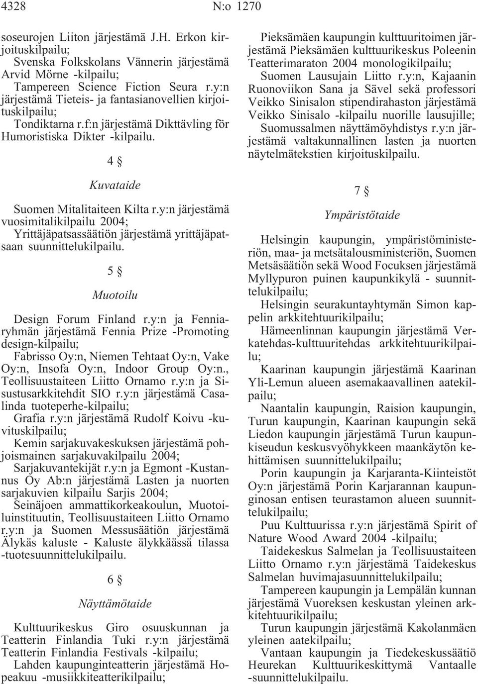 y:n järjestämä vuosimitalikilpailu 2004; Yrittäjäpatsassäätiön järjestämä yrittäjäpatsaan suunnittelukilpailu. 5 Muotoilu Design Forum Finland r.